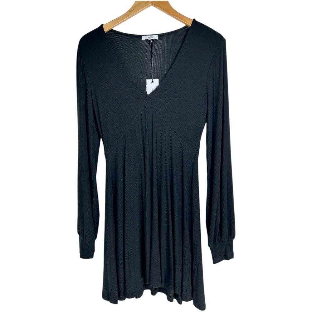 Z Supply Mini Dress Sz M Micro Ribbed Black VNeck Long Sleeve Dress Minimalist